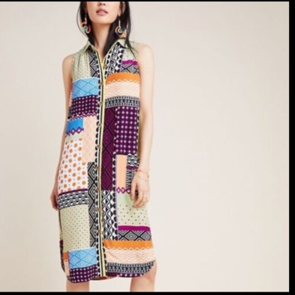 Anthropologie sleeveless long short button dress patchwork